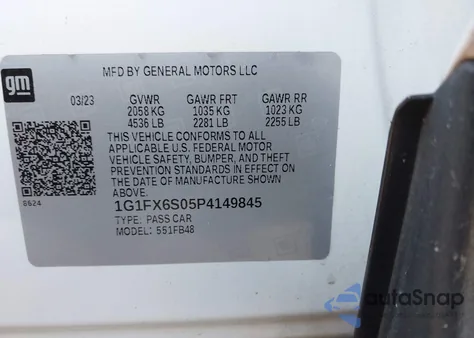 2023 Chevrolet Bolt Ev Fwd 2Lt из США, поврежденный, VIN 1G1FX6S05P4149845